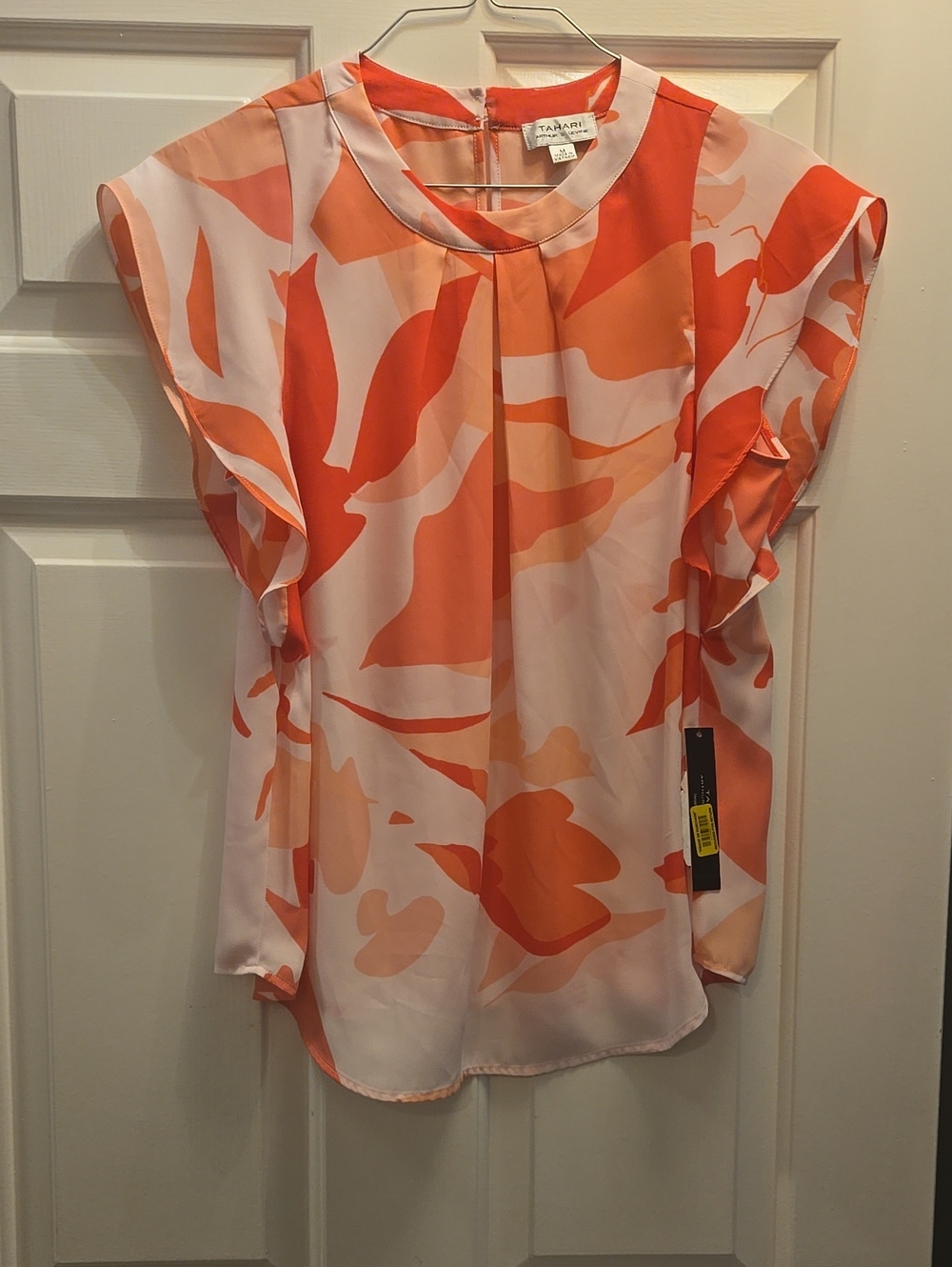 Tahari Pink and Red Floral Print Ruffle Sleeve Blouse
